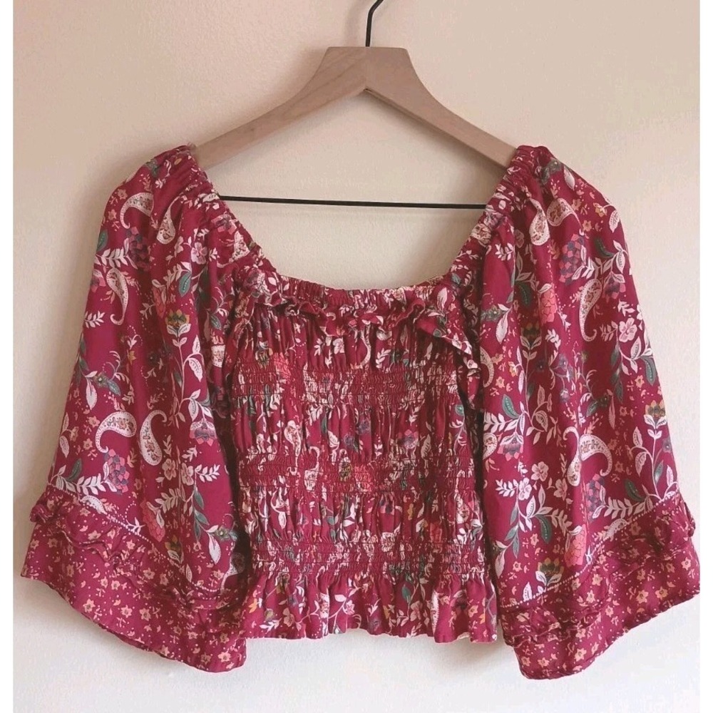 Angie Smocked Crop Boho Blouse Floral Paisley Peasant Top Sz L Wide Sleeve‎
